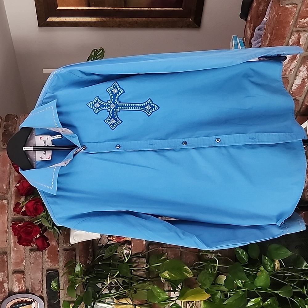 Ace of Diamond Blue Embroidered Cross Western Shirt Men’s Long Sleeve - Picture 2 of 13